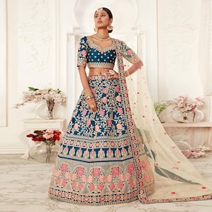 Blue Silk Floral Lehenga Set Heavy Flair Sequins Net Dupatta Indian Bridal Wear Festive Party Outfit