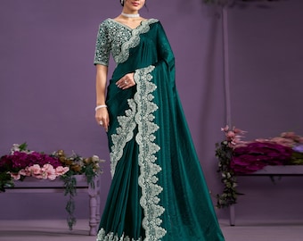 Teal Green Satin Silk Saree: Sequins & Handwork, Party Wedding Wear