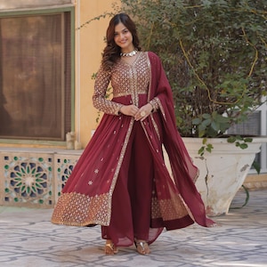 Wedding Anarkali | Peach Faux Georgette Embroidered Suit Set with Sequined Dupatta & Elastic Waist for Bridal and Boho Weddings