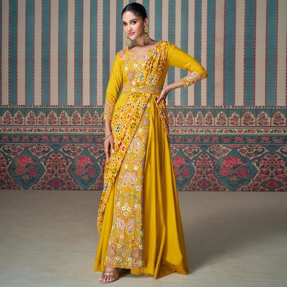 golden yellow colour dress Embroidered Silk Saree Gown: Fashion Fusion Party Wear gold color dress