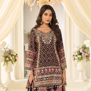 Full-length mirror shot capturing the elegance of the complete Indian party wear ensemble.