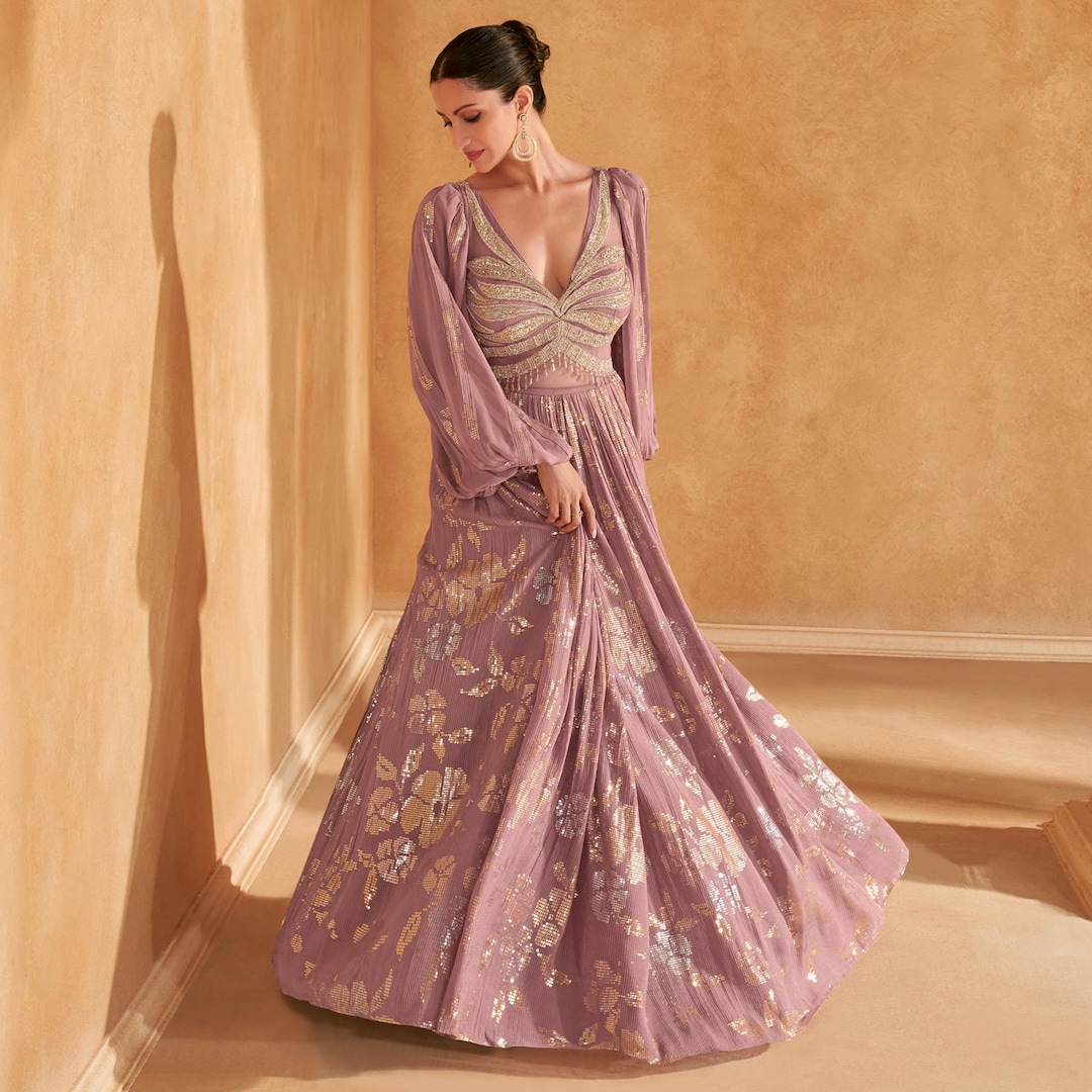western silk dresses Pink Embroidered Chinon Silk Indo-Western Dress with Tassels