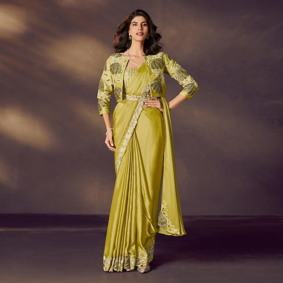 yellow and green color combination dress Lemon Satin Silk Saree: Mirror Stone Floral Jacket, Indian Wedding 2025 GLOBAL VDAY EDIT