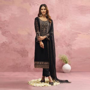 Black Pakistani Suit | Elegant Festive Salwar Kameez with Thread & Khatli Embroidery | Georgette Kurta, Rayon Inner and Chiffon Dupatta