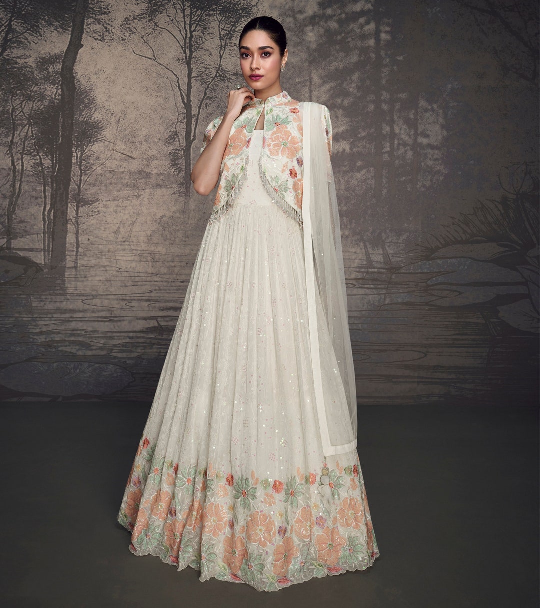 Off White Drape gown with Neon Jacket - DC Mumbai