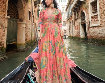 Pink Chinon Silk Anarkali Gown: Embroidered Alia Cut Indian Dress