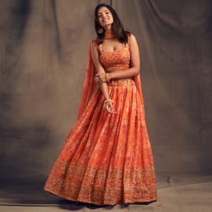 Orange Embroidered Organza Lehenga Choli: Sequin Zari Indian Dress