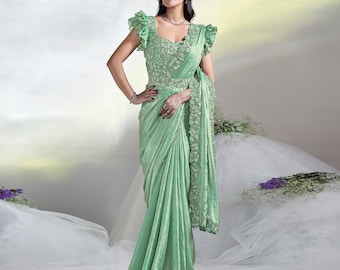Green Satin Silk Saree, Handcrafted Moti & Sequins, Elegant Designer Saree