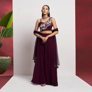 Shararas | Elegant Wine Georgette Sharara Suit with Embroidered Blouse & Net Dupatta | Eid Special, Mehendi Wear, Desi Fusion Dress