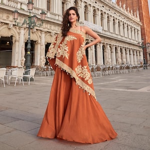 Embroidered Burnt Orange Crepe Kaftan Set: Indo Western Wedding Outfit