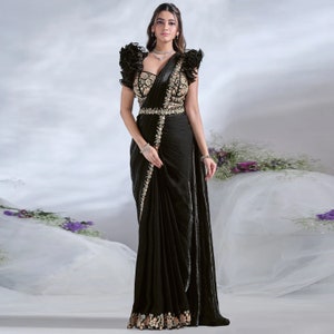 Elegant Black Two Tone Satin Silk Saree with Sequins & Handcrafted Details – Party and Festive Wear