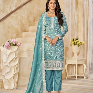 Embroidered Organza Salwar Suit: Teal, Yellow, Purple, Pink - Indian Wedding Guest Dress