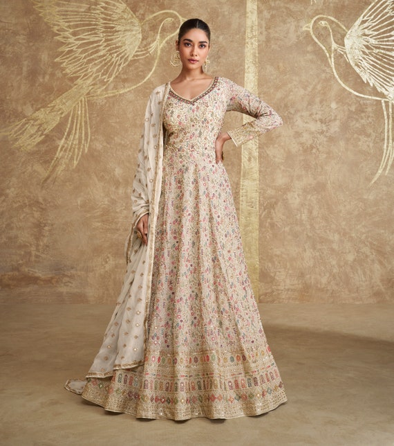 Cream Embroidered Georgette Long Gown With Dupatta - Luxury Designer Wedding Dress - Etsy Cream Embroidered Georgette Long Gown With Dupatta - Luxury Designer Wedding Dress - Etsy