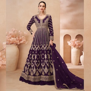 Deep Purple Anarkali Suit with Embroidered Dupatta | Heavy Chinon Silk Ethnic Gown | Party Wear Long Dress for Weddings