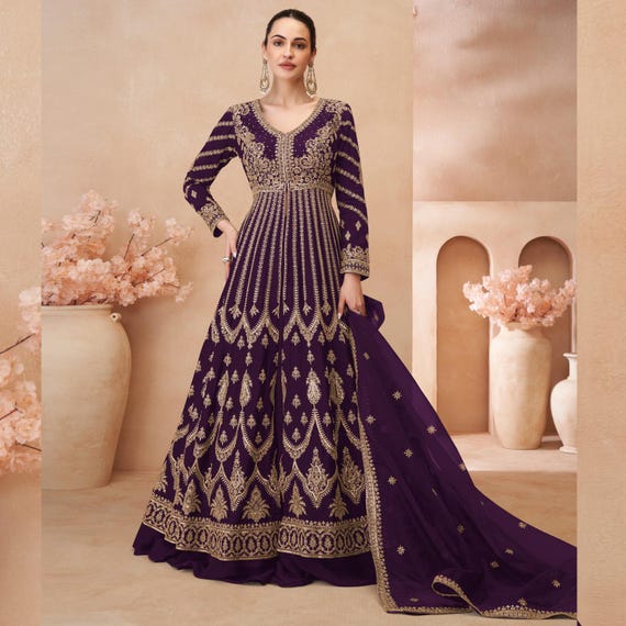 dark purple anarkali dress Deep Purple Embroidered Traditional Anarkali Suit unstitched