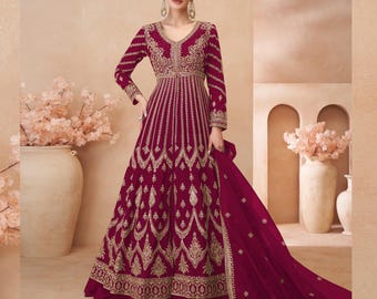 Deep Pink Anarkali Gown: Embroidered Chinon Silk Wedding Party Dress