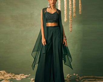 green indo western dress Deep Green Indo Western Plazzo with Crop Top Ethnic Wedding Guest Outfit Party Festival Dress Georgette Cape Dupatta Custom Sizes Available