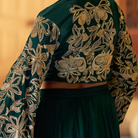 Teal Green Chinon Silk Indo Western Dress: Embroidered Top & Plazzo