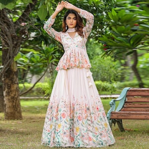 Embroidered Lehenga Suit: White & Pink V-Neck Bridal Ensemble