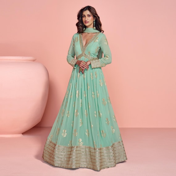 chinese dress ladies Printed Pink Gown With Dupatta main image 1