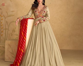 Beige Silk Gown: Hand-Embroidered Georgette Overlay, Elegant Evening Wear
