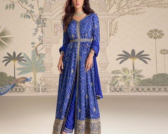 Magnificent Blue Chinon Silk Embroidered Anarkali Dress With Chinon Dupatta Wedding Gown Indian Dress For Women