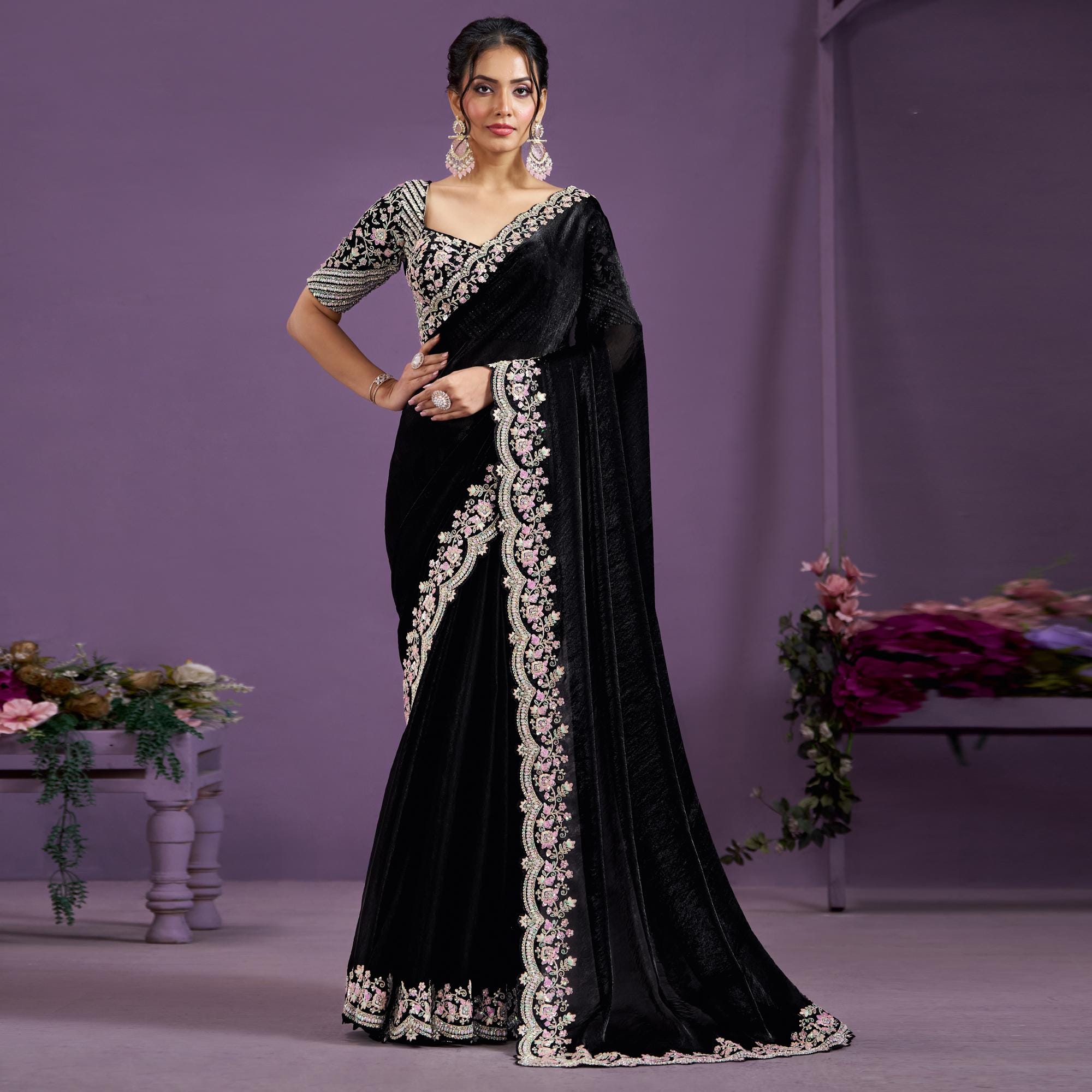 Black Satin Silk Saree: Sequined Japan Satin Blouse, Handwork Festive Wear