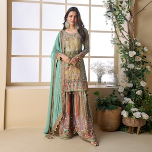 Green Sharara Suit: Viscos Crepe Silk, Aari Embroidery, Tassel Dupatta