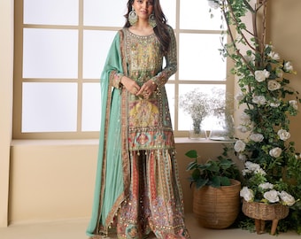 Green Sharara Suit: Viscos Crepe Silk, Aari Embroidery, Tassel Dupatta
