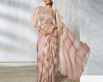 Handmade Beige Silk Saree | Beaded Embroidery, Fancy Sleeve Belt