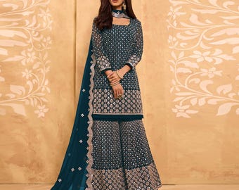 Navy Blue Sharara Set: Zari Embroidered Georgette, Stitched Sharara & Dupatta
