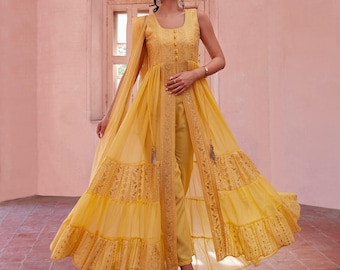 Mustard Georgette Anarkali Suit: Indo Western Festive Wear