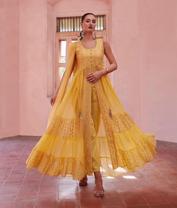 Mustard Georgette Anarkali Suit: Indo Western Festive Wear