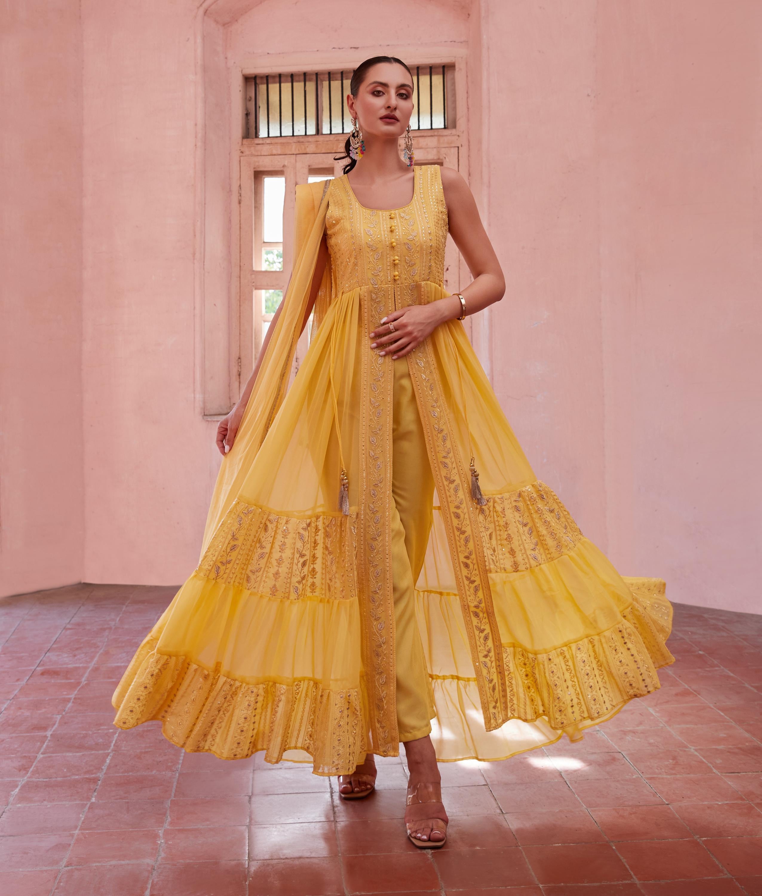 golden color anarkali dress Golden Yellow Heavy Embroidered Slit Style Anarkali Suit Yellow / Zari / Net