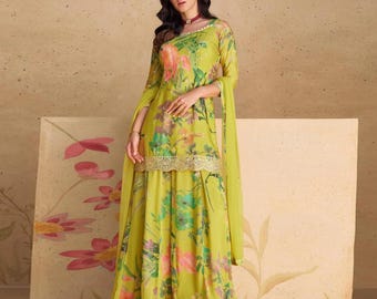 Traje palazzo floral verde: Chinon de seda, ropa étnica india