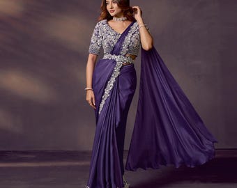 Floral Mirror Stone Saree: Purple Satin Silk (Includes Coordinated Blouse)