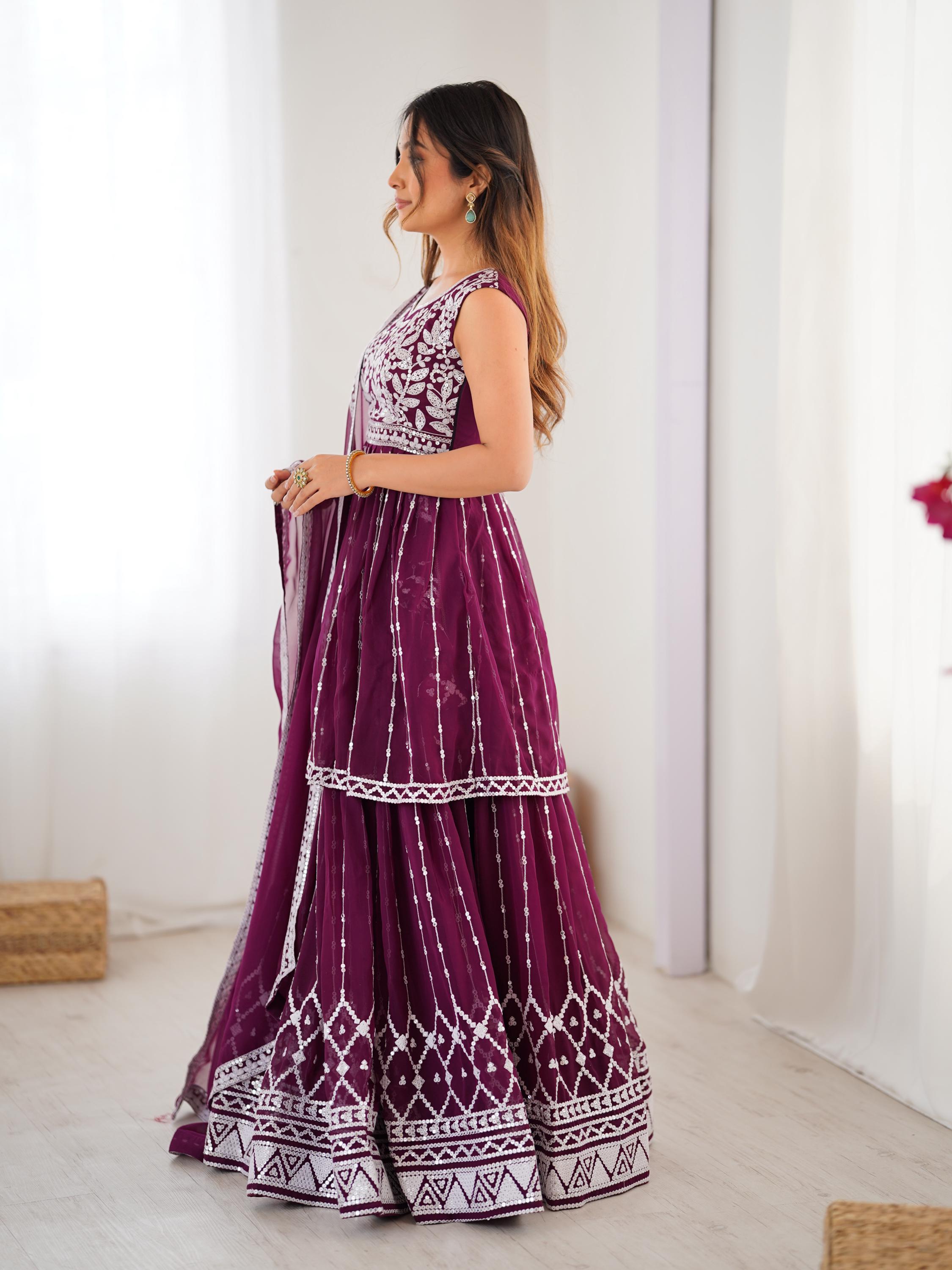 Dark Purple Lehenga Set: Faux Georgette Boho Crop Top, Long Skirt