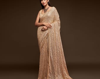 Conjunto de sari de georgette color marfil y dorado / Bordado de lentejuelas, blusa india lista para usar