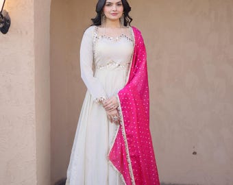 White Anarkali Gown, Mirror Work, Zari Lace, Pink or Blue Dupatta, Indian Wedding Party