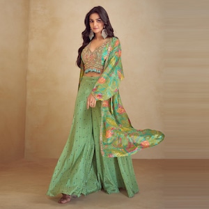Handbroderat sidenset i indo-westernstil: Crop Top, Palazzo och Shrug