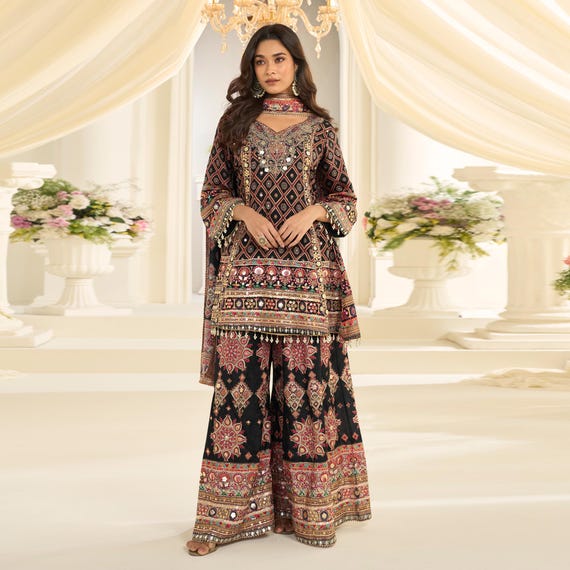 Elegant Black & Gold Crepe Silk Kurta Palazzo Set with Aari Embroidery and Gota Dupatta