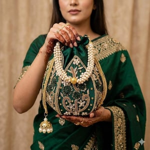 Puede incluir: Un bolso verde esmeralda con cordón, con intrincados bordados dorados y detalles de perlas. El bolso presenta un asa con cuentas de perlas y una borla dorada con perlas. Incluye diseños florales y de estrellas.