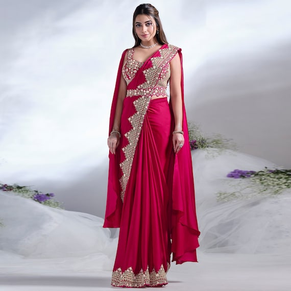 Glamorous Red Crepe Satin Silk Saree with Sequins & Moti Work | Designer Fancy Saree