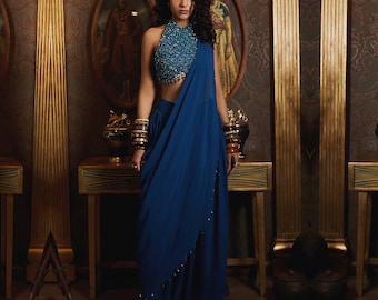Modern Teal Blue Pre-Draped Saree with Sequin and Cutdana Embellishments