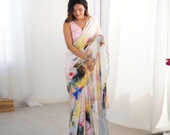Floral Silk Saree: Mirror Cut Work, Digital Print - Indian Wedding Party Wear