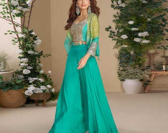 Hand-Embroidered Silk Palazzo Set: Turquoise & Pink Wedding Outfit