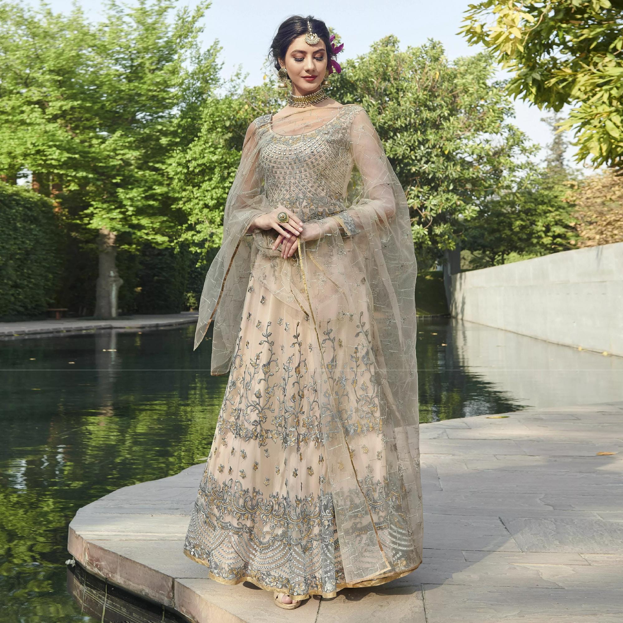 white christmas dresses Cream Floral Designer Embroidered Kalidar Anarkali