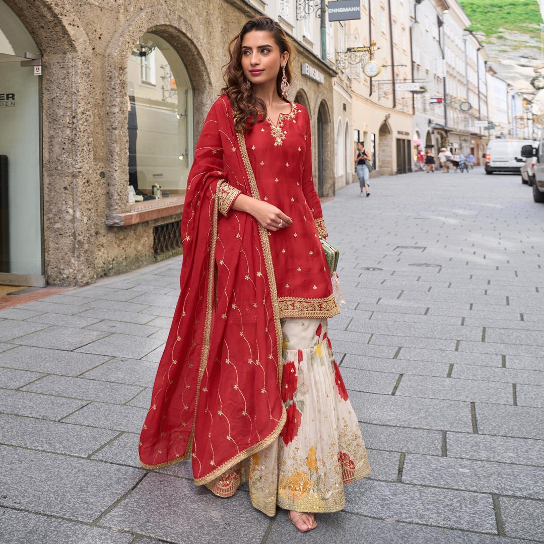 Red Chinon Silk Sharara Kurta Set: Floral Embroidered Indian