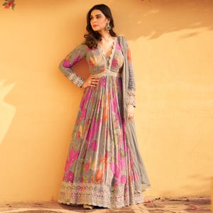 alia cut dress party wear Women's Peach Alia Cut Gown Dupatta Set Party Wear  mahezon