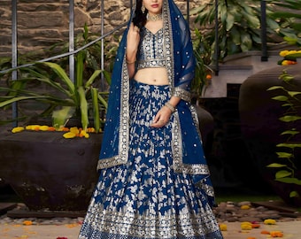 Navy Blue Silk Lehenga Choli: Jacquard Sangeet Wedding Set